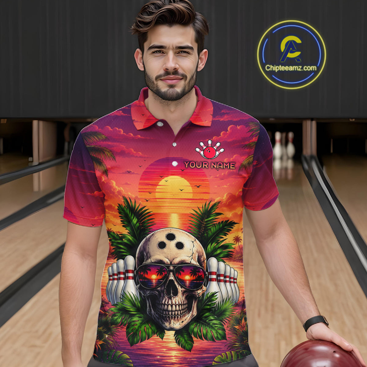 Man wearing a colorful polo shirt with a skull design in a bowling alley.