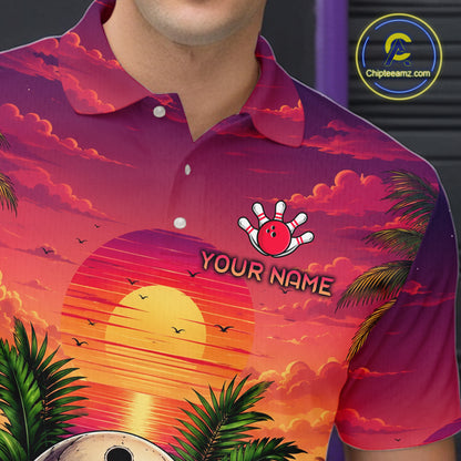 Hawaiian shirt with sunset design and palm trees, featuring a logo and text space.