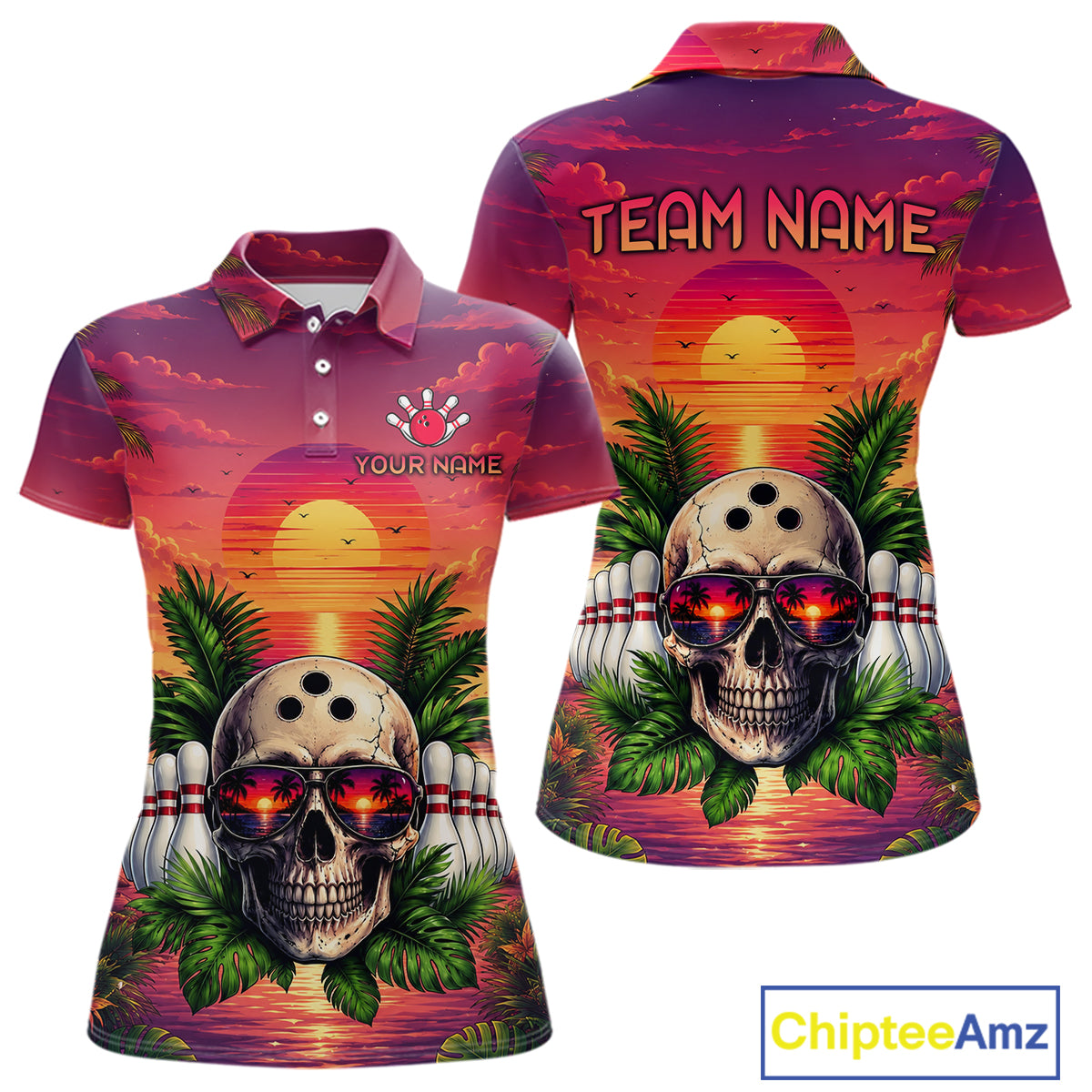 Polo shirt with skull design and sunset background, customizable with 'Your Name' and 'Team Name'.