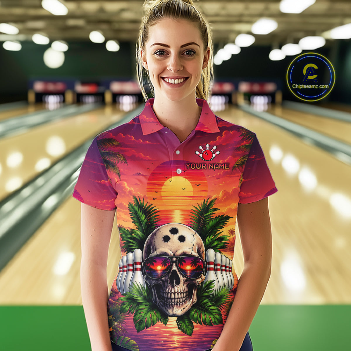 Person wearing a colorful bowling shirt with a skull design in a bowling alley.