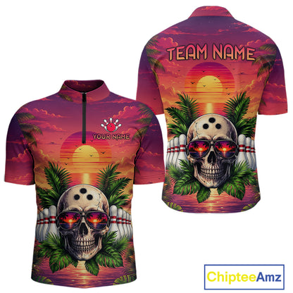 Colorful quarter-zip jersey with skull design and sunset background, featuring 'Team Name' and 'Your Name' text.