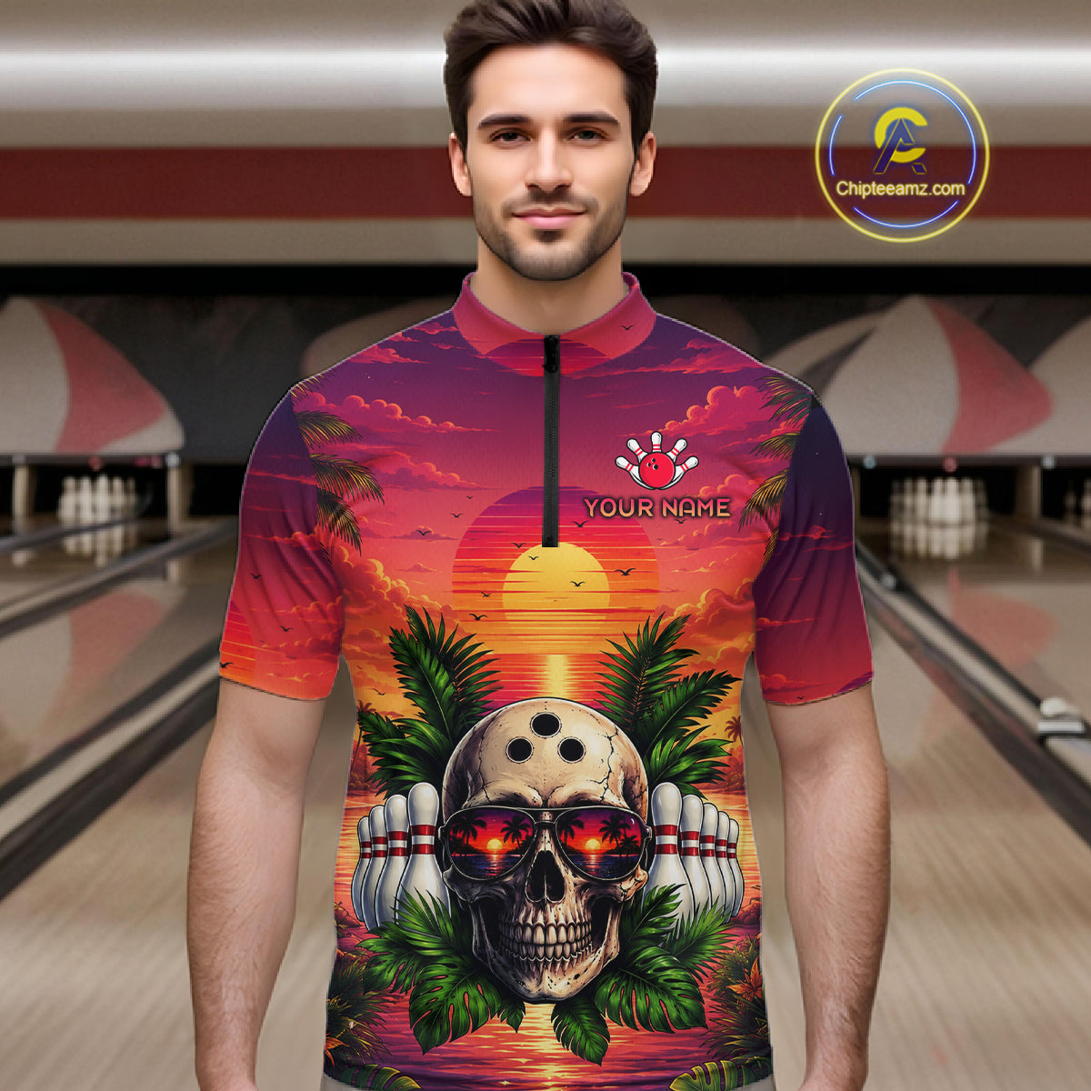 Man wearing a colorful shirt with a skull design in a bowling alley.