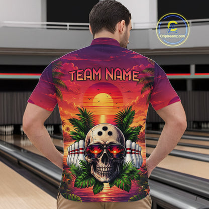 Man wearing a colorful bowling shirt with a skull design in a bowling alley.