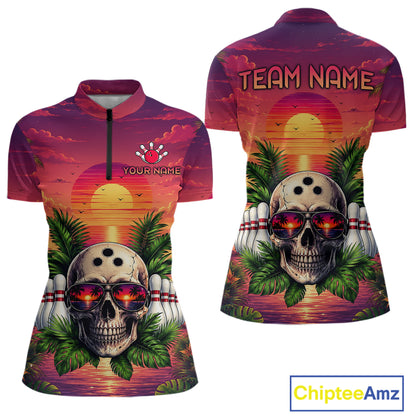 Bowling jersey with skull design and customizable text on a sunset background, brand 'Chiptee Amz' visible.