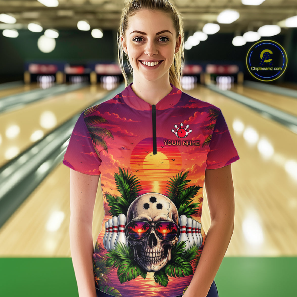 Woman wearing a colorful bowling shirt with a skull design in a bowling alley.