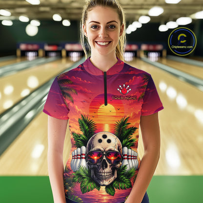 Woman wearing a colorful bowling shirt with a skull design in a bowling alley.