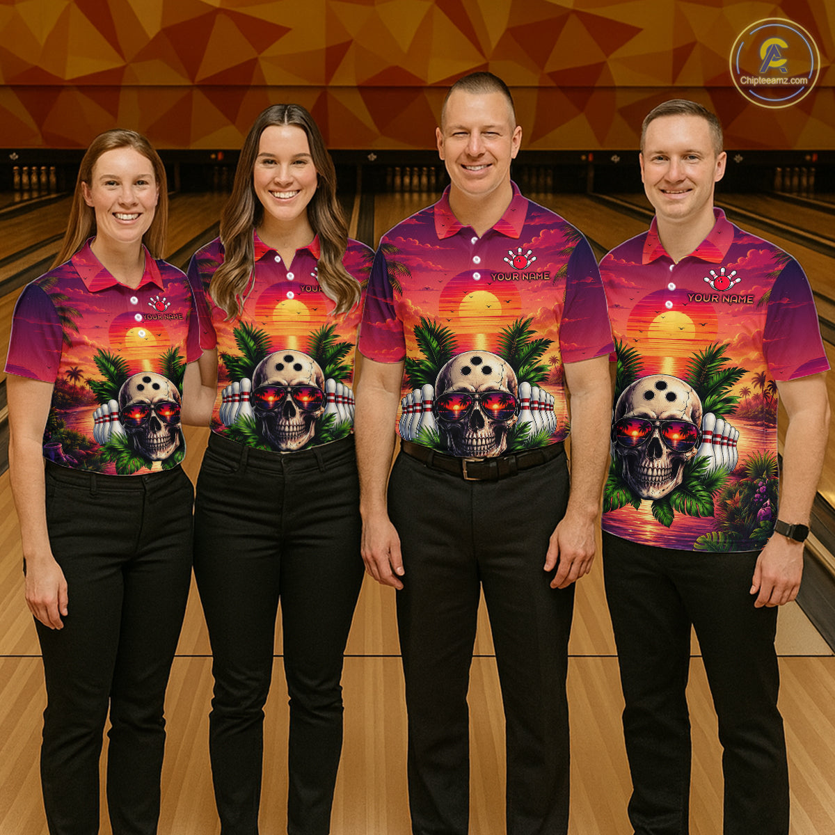 Four people wearing matching shirts with a skull design in a bowling alley.