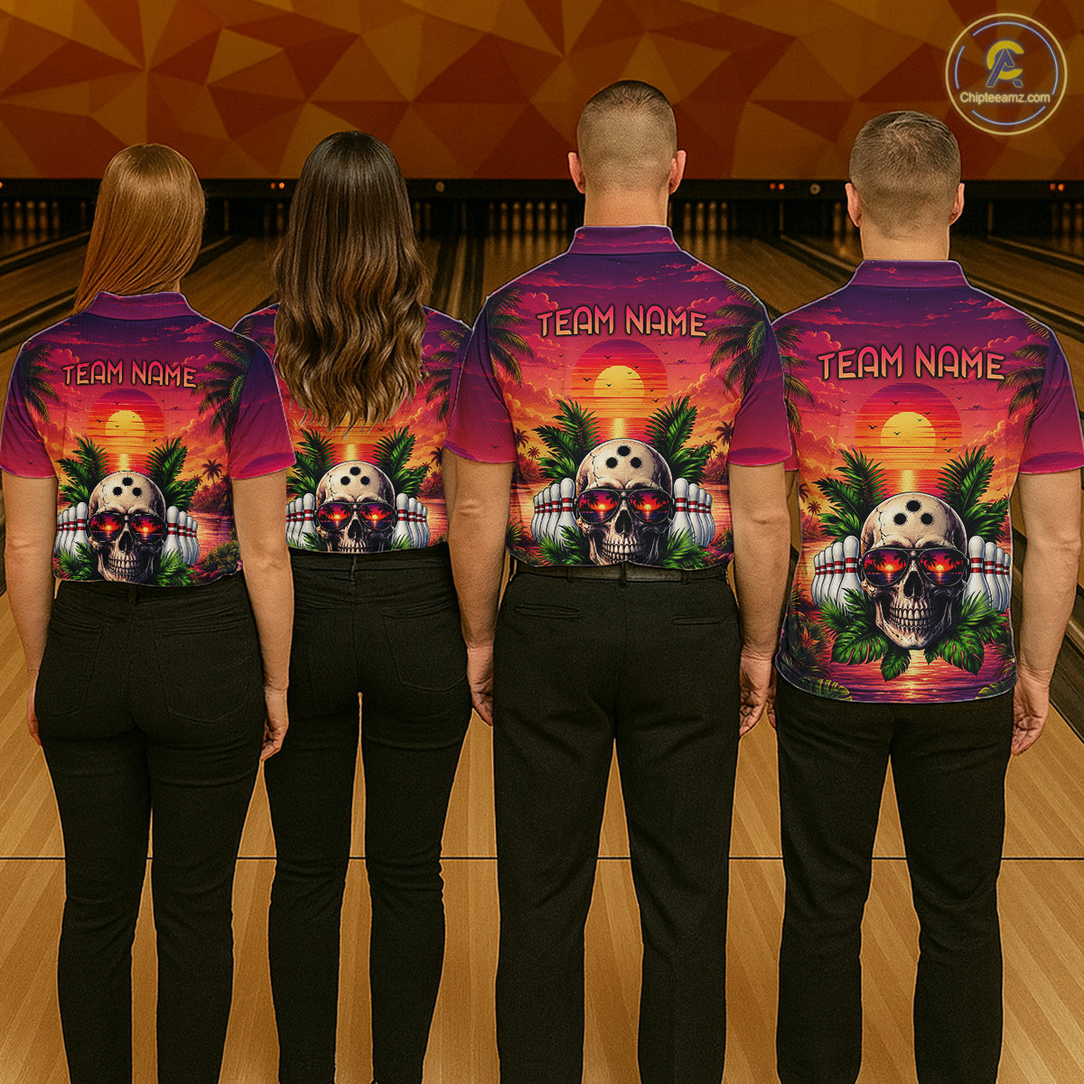 Four people wearing matching bowling shirts with a team name design on a bowling alley.