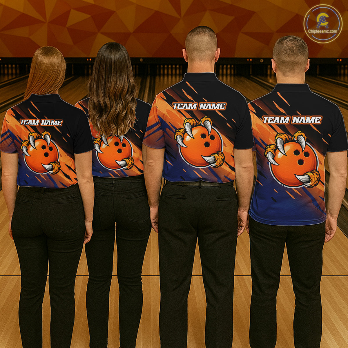 Four people standing with their backs to the camera in a bowling alley, wearing matching dark blue and orange bowling-themed shirts with a cartoon bowling ball graphic and 'TEAM NAME' text on the back.