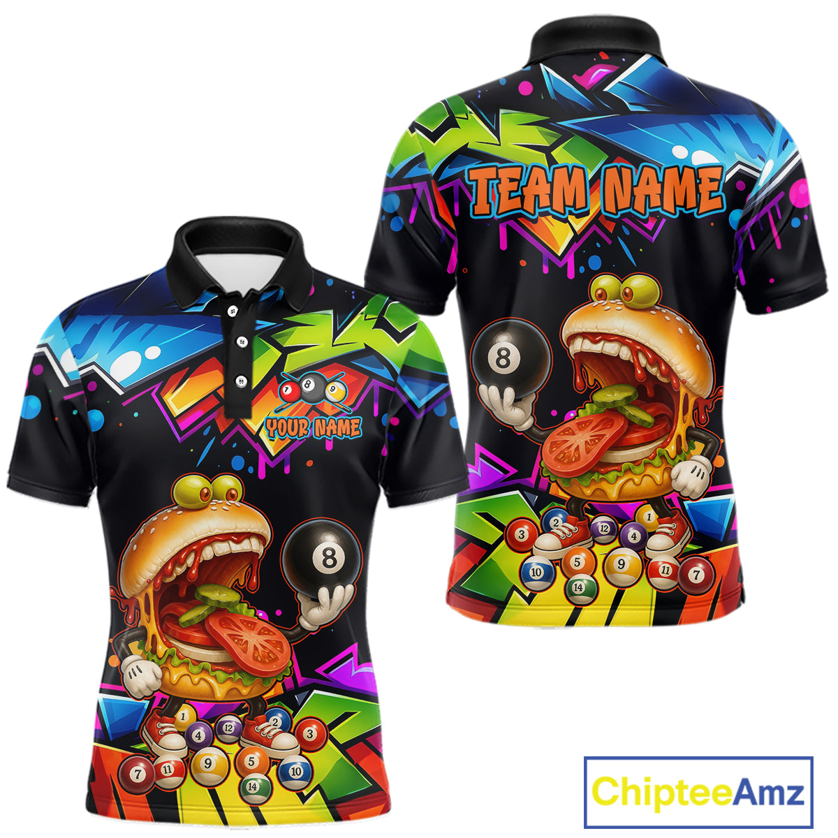 Colorful polo shirts with unique designs and 'Chiptee Amz' branding.