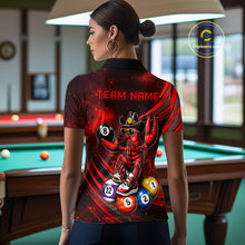 Load image into Gallery viewer, Person wearing a shirt with a red and black design featuring a crawfish and billiard balls in a pool hall.