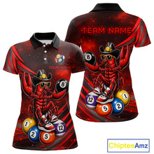 Load image into Gallery viewer, Red and black polo shirt with a crawfish design and billiard balls, featuring 'Team Name' and 'Your Name' text.