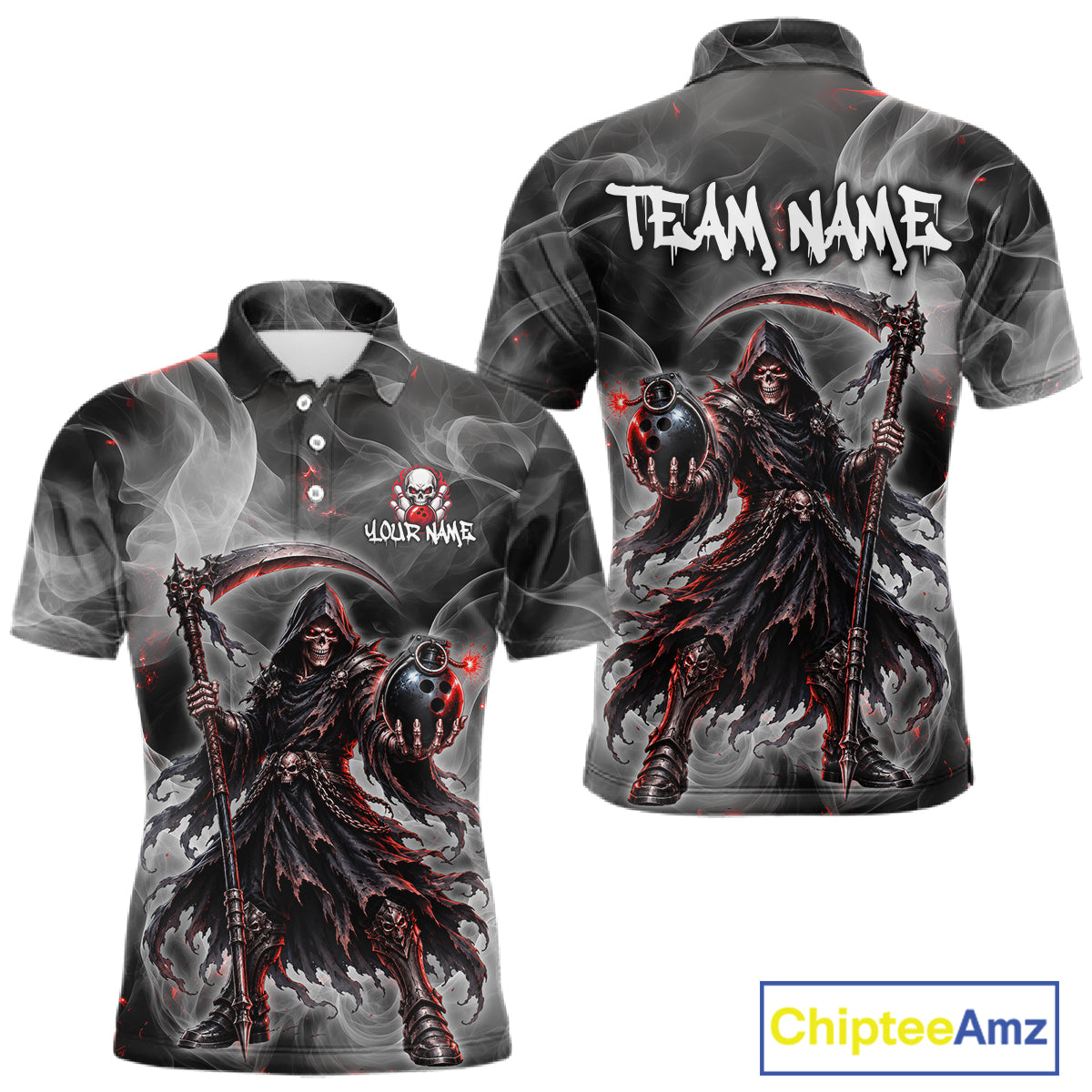 Front and back views of a short-sleeve polo shirt featuring a dark grim reaper graphic with red glowing accents, smoke effects, and customizable text areas reading 'TEAM NAME' and 'YOUR NAME'.