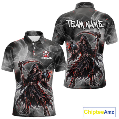 Front and back views of a short-sleeve polo shirt featuring a dark grim reaper graphic with red glowing accents, smoke effects, and customizable text areas reading 'TEAM NAME' and 'YOUR NAME'.