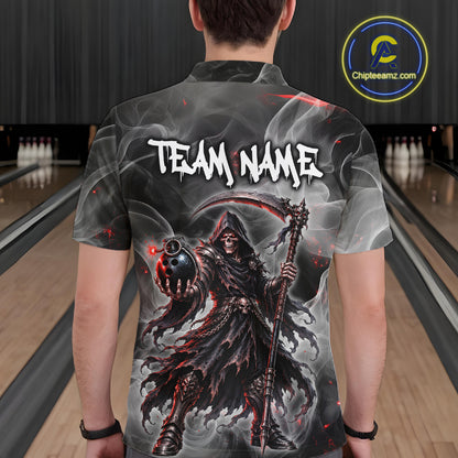 A man viewed from behind wearing a short-sleeve bowling shirt with a large graphic of a grim reaper holding a scythe and bowling ball, with 'TEAM NAME' printed across the back. Bowling lanes are visible in the background.