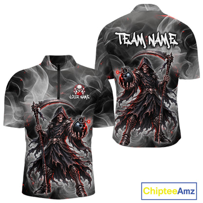A short-sleeve quarter-zip shirt shown from both front and back on a white background. The shirt features a dark gothic graphic of a hooded grim reaper holding a scythe, with red glowing accents and smoke effects.