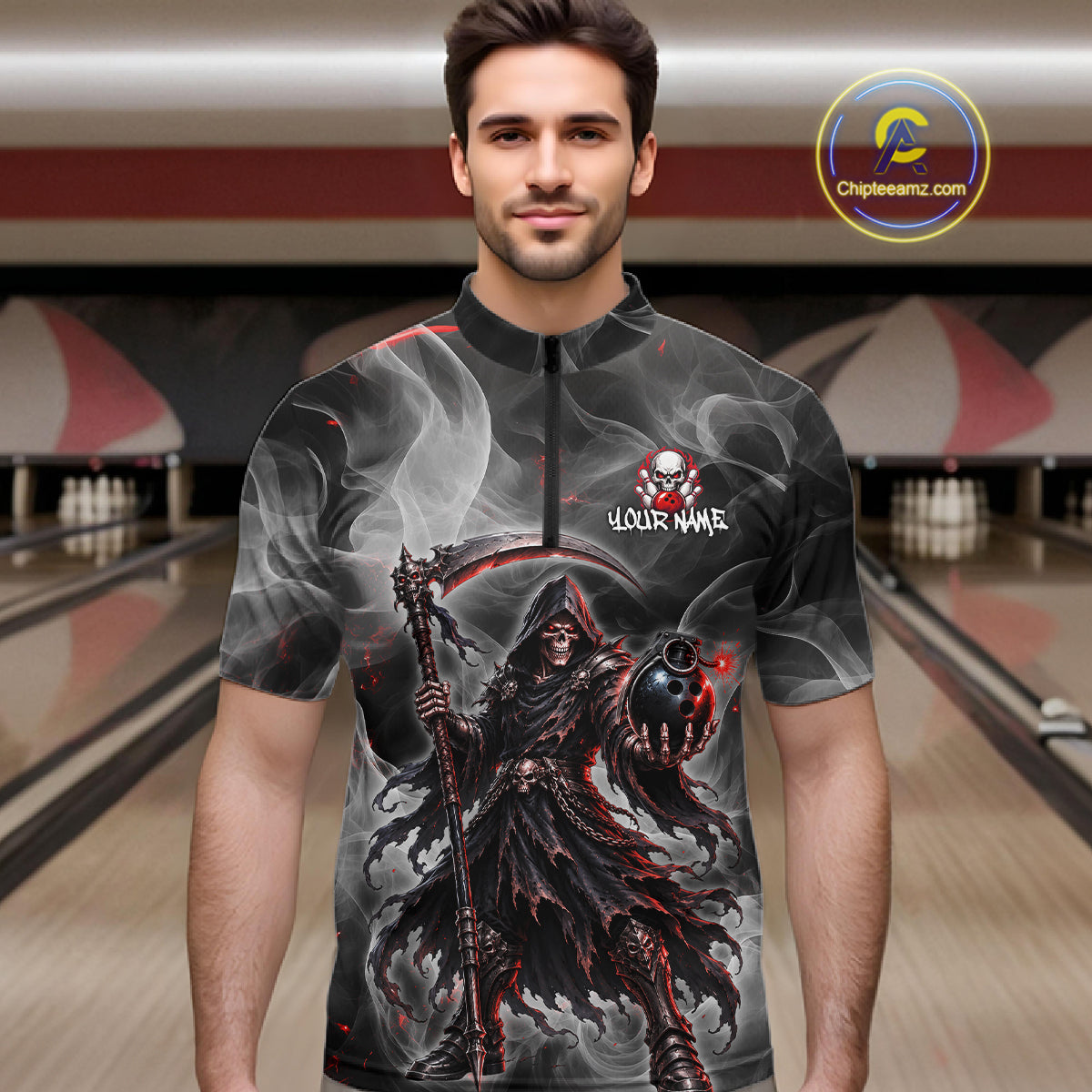 A man wearing a short-sleeve black quarter-zip cycling jersey with a detailed grim reaper graphic and a skull-and-crossbones logo on the chest. The background shows blurred bowling alley lanes.