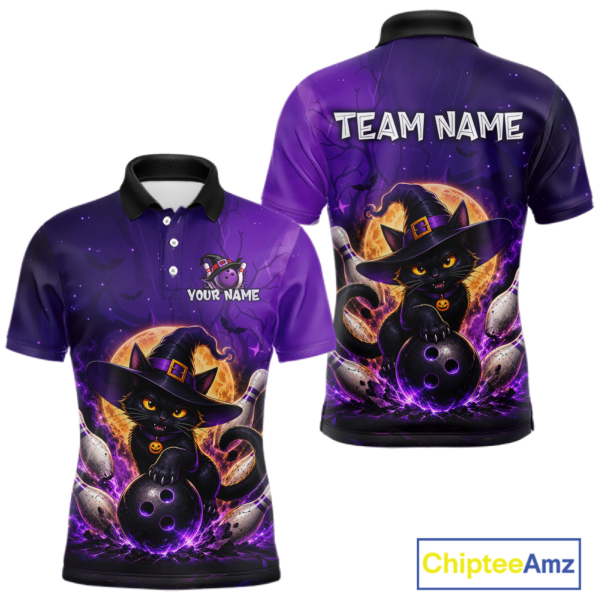Front and back views of a purple short-sleeve polo shirt with a Halloween-themed graphic of a black cat in a witch hat holding bowling balls, with customizable text placeholders 'TEAM NAME' and 'YOUR NAME'.