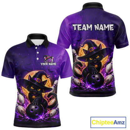Front and back views of a purple short-sleeve polo shirt with a Halloween-themed graphic of a black cat in a witch hat holding bowling balls, with customizable text placeholders 'TEAM NAME' and 'YOUR NAME'.
