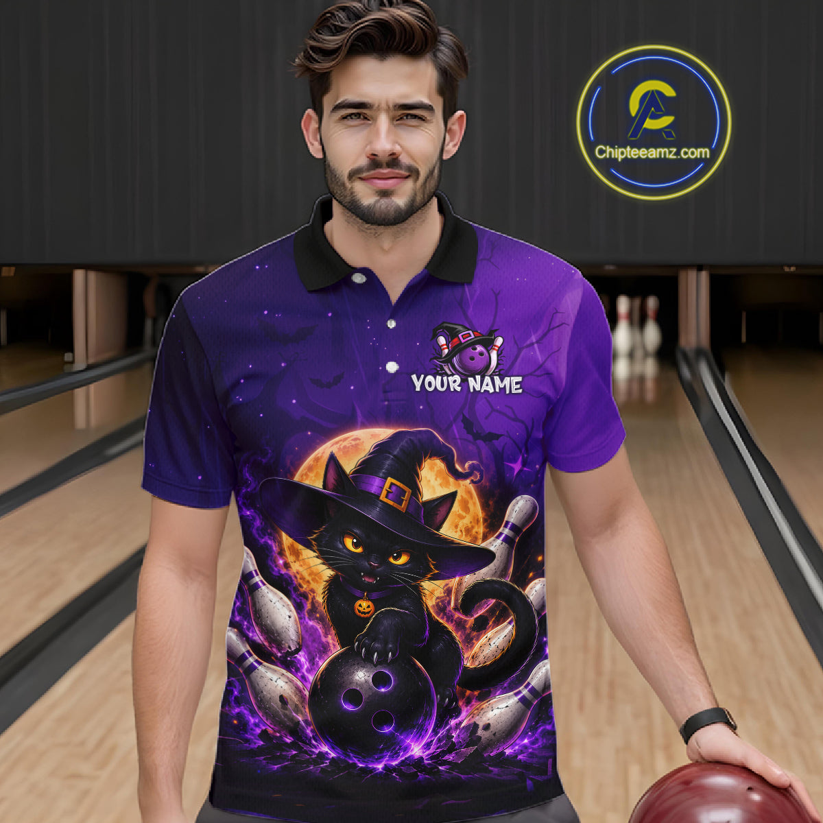 A man wearing a purple short-sleeve polo shirt with a Halloween-themed graphic of a black cat in a witch hat bowling, set against a bowling alley background. 