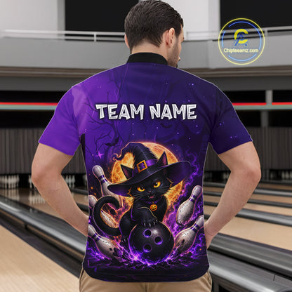 A man viewed from behind wearing a purple short-sleeve bowling shirt with a large Halloween-themed graphic on the back. The design shows a black cat in a witch hat surrounded by bowling pins, purple lightning effects, and the text 'TEAM NAME'