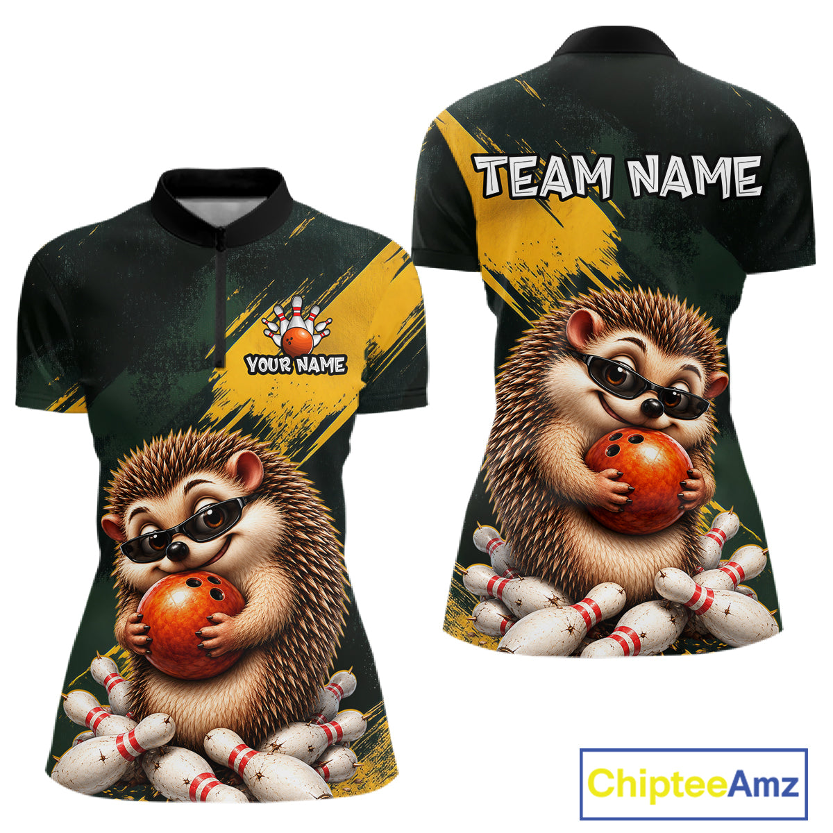 Front and back views of a short-sleeve collared shirt with an all-over bowling-themed graphic featuring a cartoon hedgehog holding a bowling ball among pins, plus customizable text areas reading TEAM NAME and YOUR NAME. The shirt has a black and dark green base with bold yellow brushstroke panels.