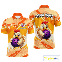 Load image into Gallery viewer, Two views of a polo shirt with a cartoon chicken holding a bowling ball, featuring branding and customizable text.