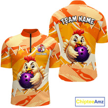 Load image into Gallery viewer, Orange and yellow sports jersey with cartoon chicken holding a bowling ball, personalized text, and Chiptee Amz branding.