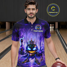 Load image into Gallery viewer, Man wearing a purple bowling shirt with a character design and 'Your Name' text, holding a bowling ball in a bowling alley.