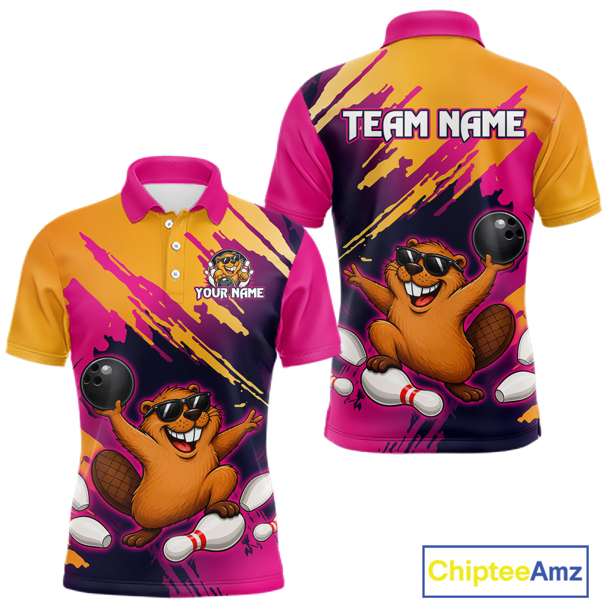 Colorful polo shirt with cartoon beaver design and 'Team Name' text on a white background