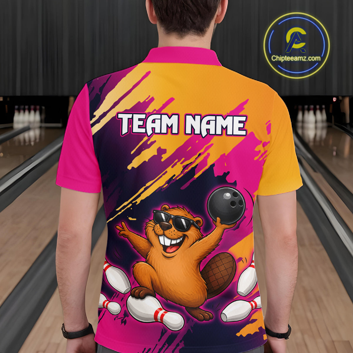 Person wearing a colorful bowling shirt with a cartoon beaver design on a bowling alley background