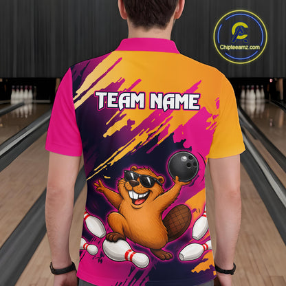 Person wearing a colorful bowling shirt with a cartoon beaver design on a bowling alley background