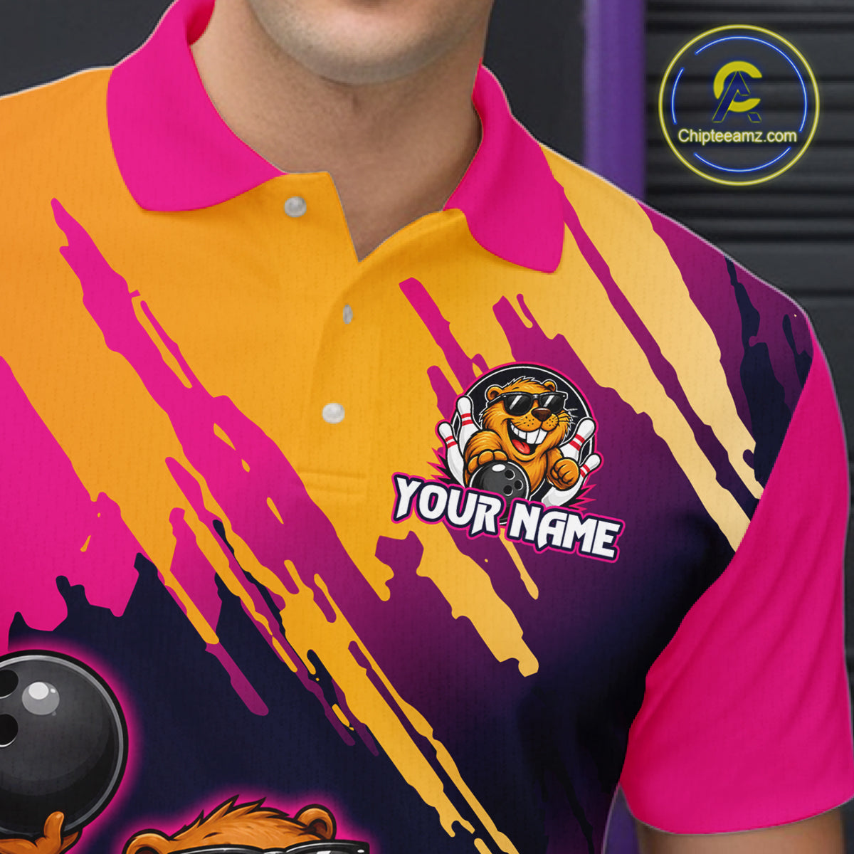 Colorful polo shirt with a logo and 'Your Name' text on a dark background