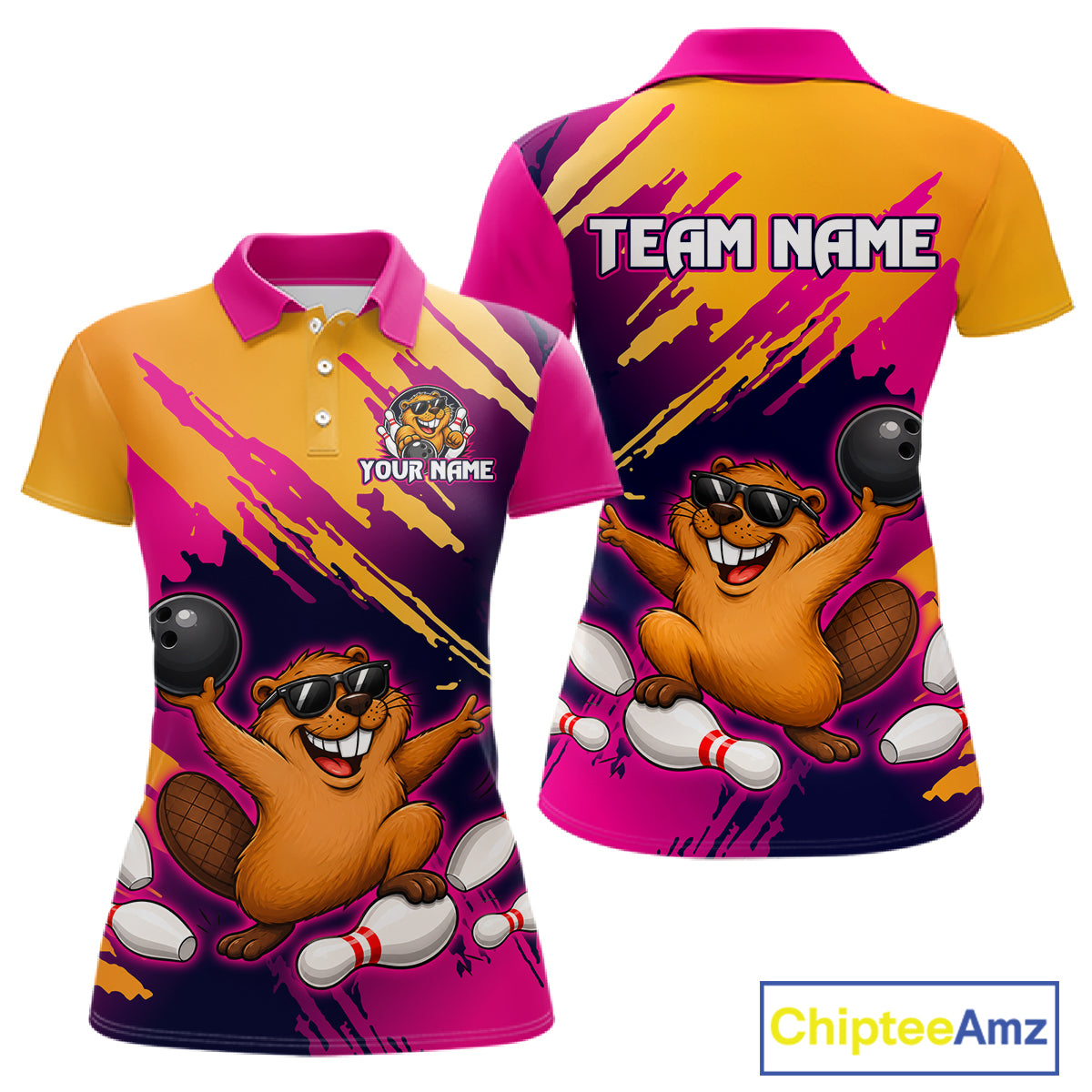 Colorful polo shirt with cartoon beaver design and customizable text on a white background