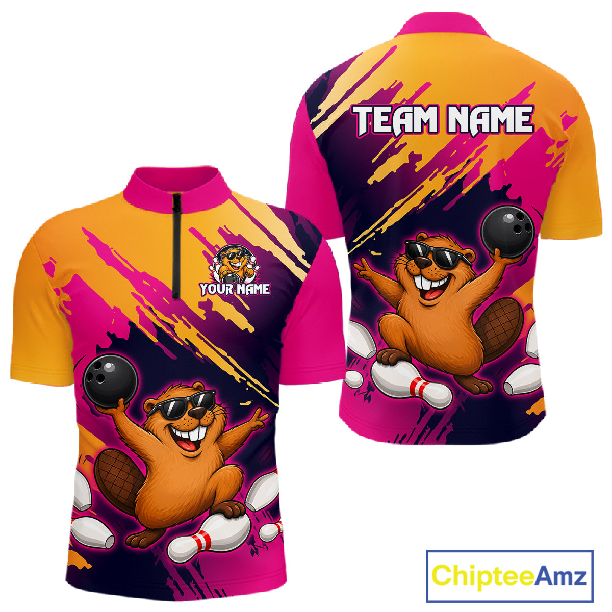 Colorful sports jersey with cartoon beaver design and 'Team Name' text on a white background.