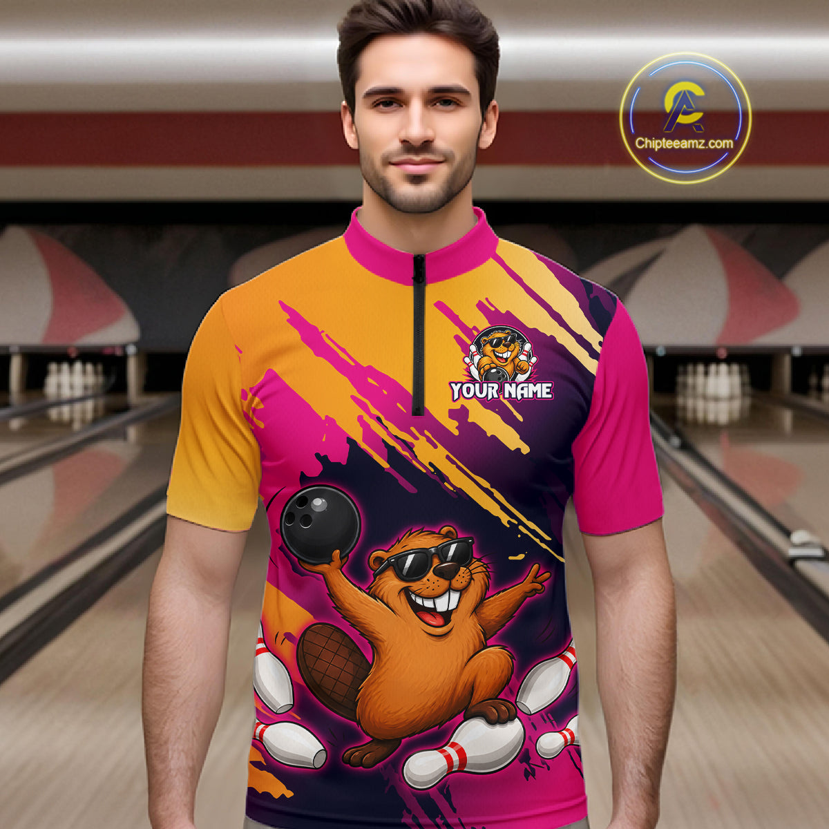Man wearing a colorful bowling jersey with a design of a beaver and text on a bowling alley background.