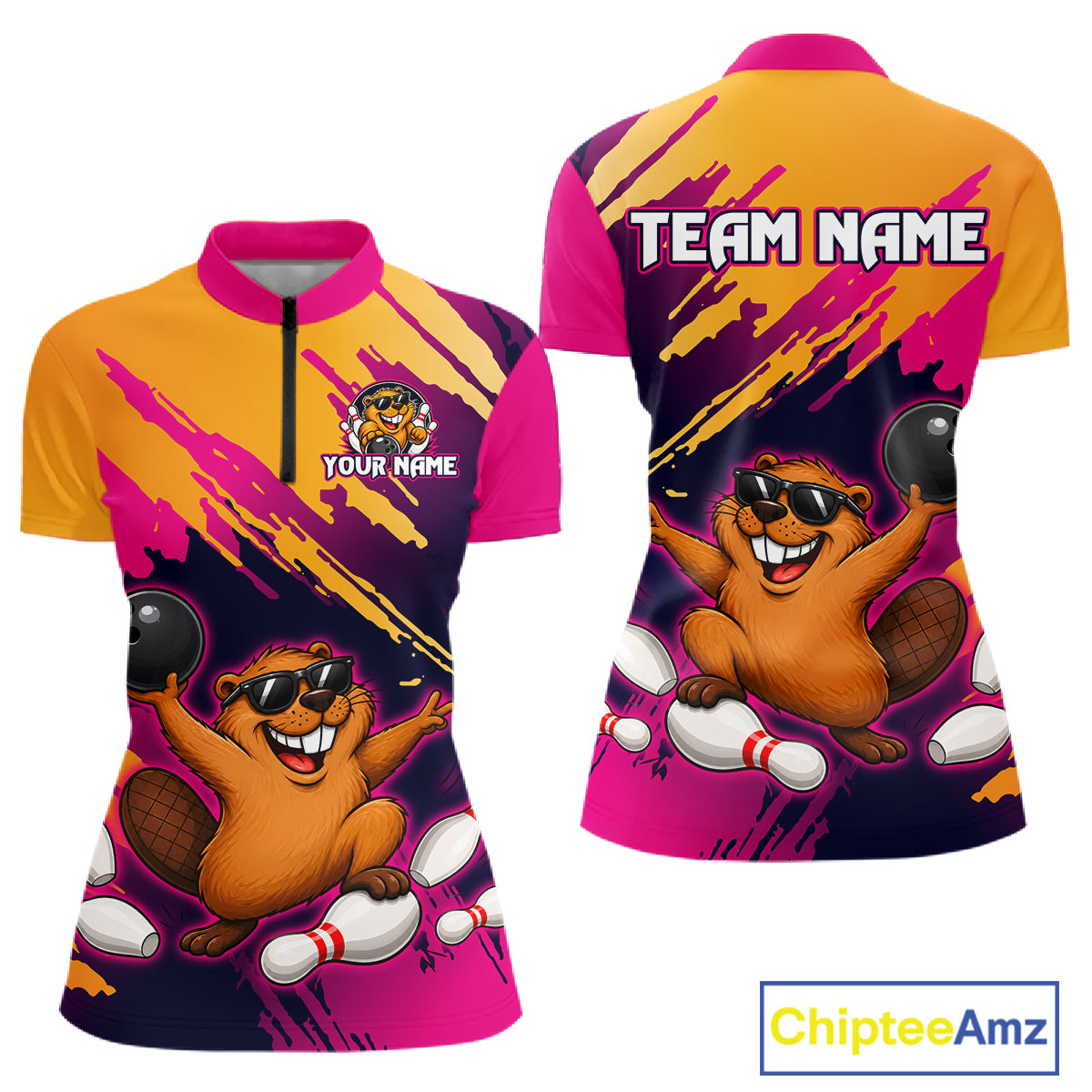 Colorful sports jersey with cartoon beaver design and customizable text on a white background