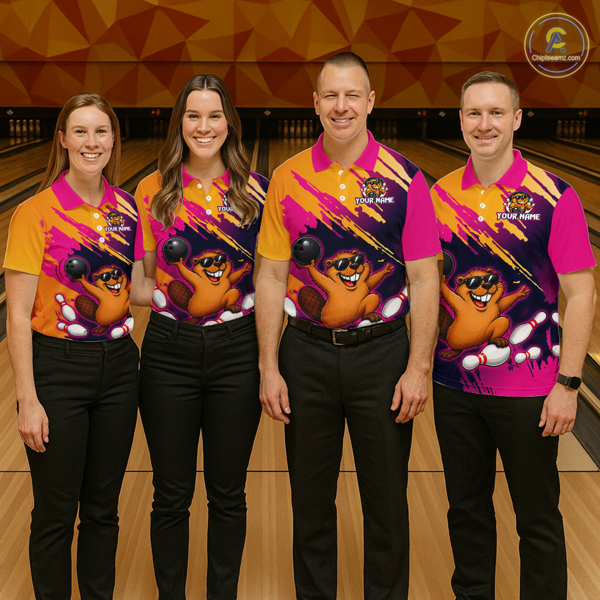 Four people wearing matching colorful bowling shirts with a cartoon character on a bowling alley background.