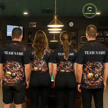 Load image into Gallery viewer, Four people wearing matching bowling shirts with a fiery design and 'Team Name' text in a pool hall.