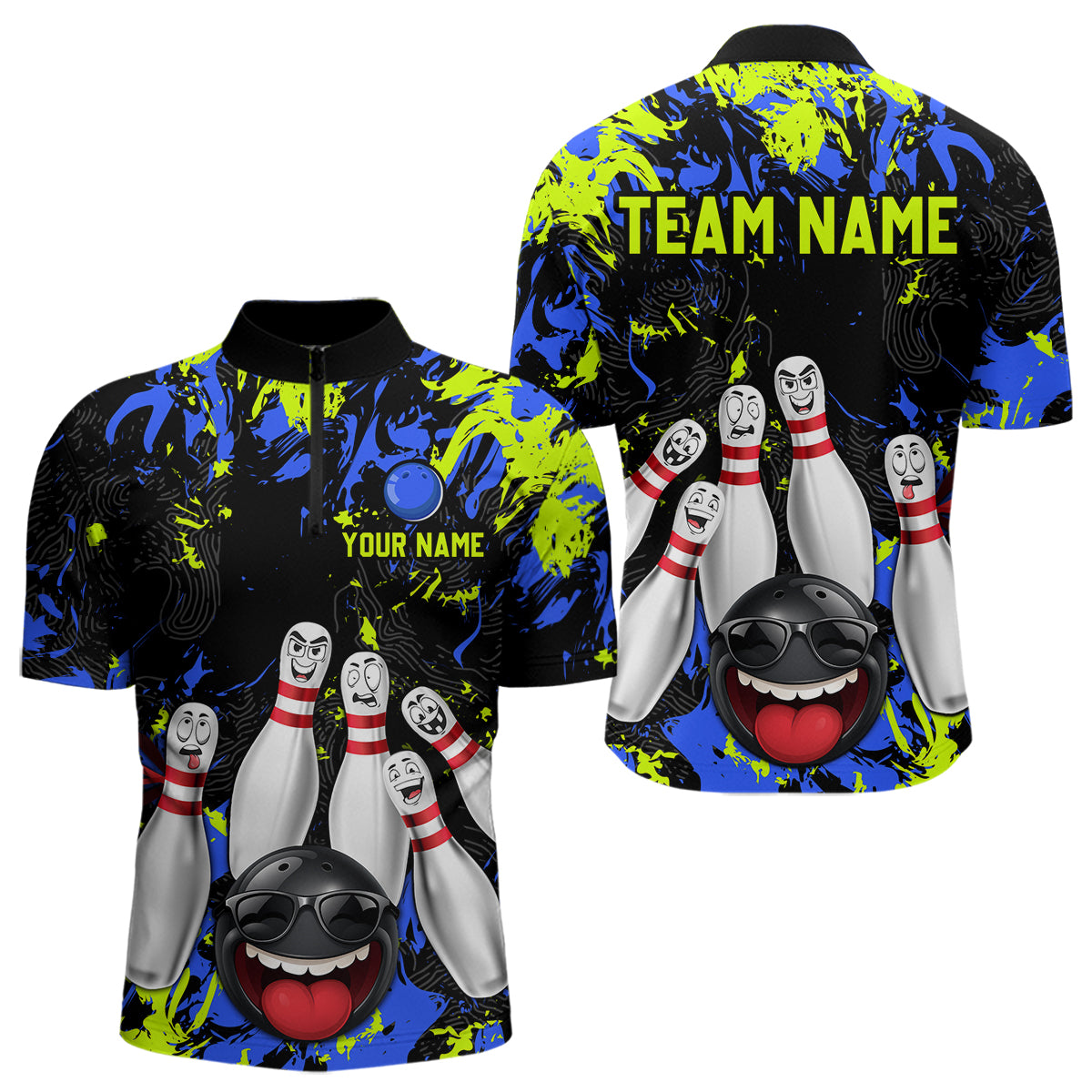 Green Blue Funny Bowling Team Shirt for Men Bowling League Jersey Polo & 1/4 Zip Bowler Outfit QZT781