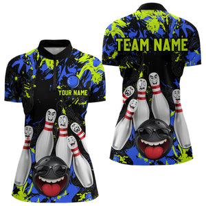 Green Blue Funny Bowling Team Shirt for Women Bowling League Jersey Polo & 1/4 Zip Bowler Outfit QZT781