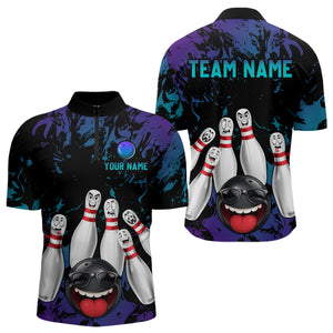 Teal Purple Funny Bowling Team Shirt for Men Custom Bowling League Jersey Polo Bowler Outfit QZT781