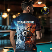 Load image into Gallery viewer, Man wearing a custom polo shirt with a pool ball design and 'Team Name' text in a bar setting.