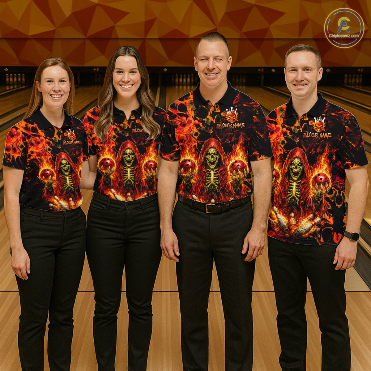 Custom Flame Skeleton Bowling Shirt for Women Bowling Jersey Polo & 1/4-Zip Bowling Outfit QZT1011