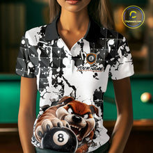 Load image into Gallery viewer, Person wearing a black and white patterned polo shirt with a bear and pool ball design, set against a pool table background.