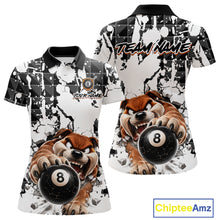 Load image into Gallery viewer, Polo shirt with cartoon dogs holding 8-ball designs on a white background