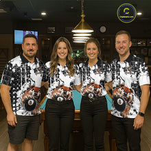 Load image into Gallery viewer, Four people wearing matching billiard shirts with a dog and ball design in a pool hall.