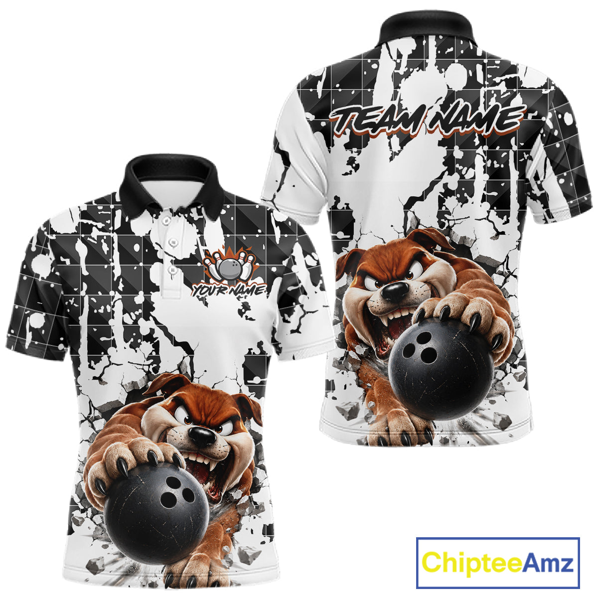 Bowling shirt with cartoon dog holding a bowling ball and splatter design, featuring 'Chiptee Amz' branding.
