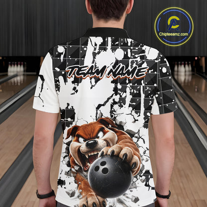 Person wearing a bowling-themed shirt with a dog graphic in a bowling alley.