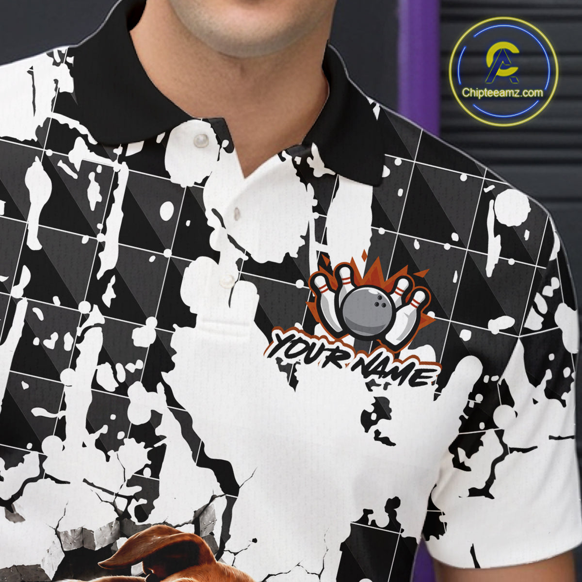 Bowling-themed shirt with a design and 'Your Name' text, worn by a person.